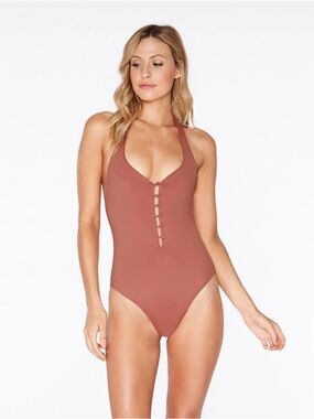 L*Space Bathing Suit Stella Button Front Open Back One Piece Bodysuit NWT Sz 10